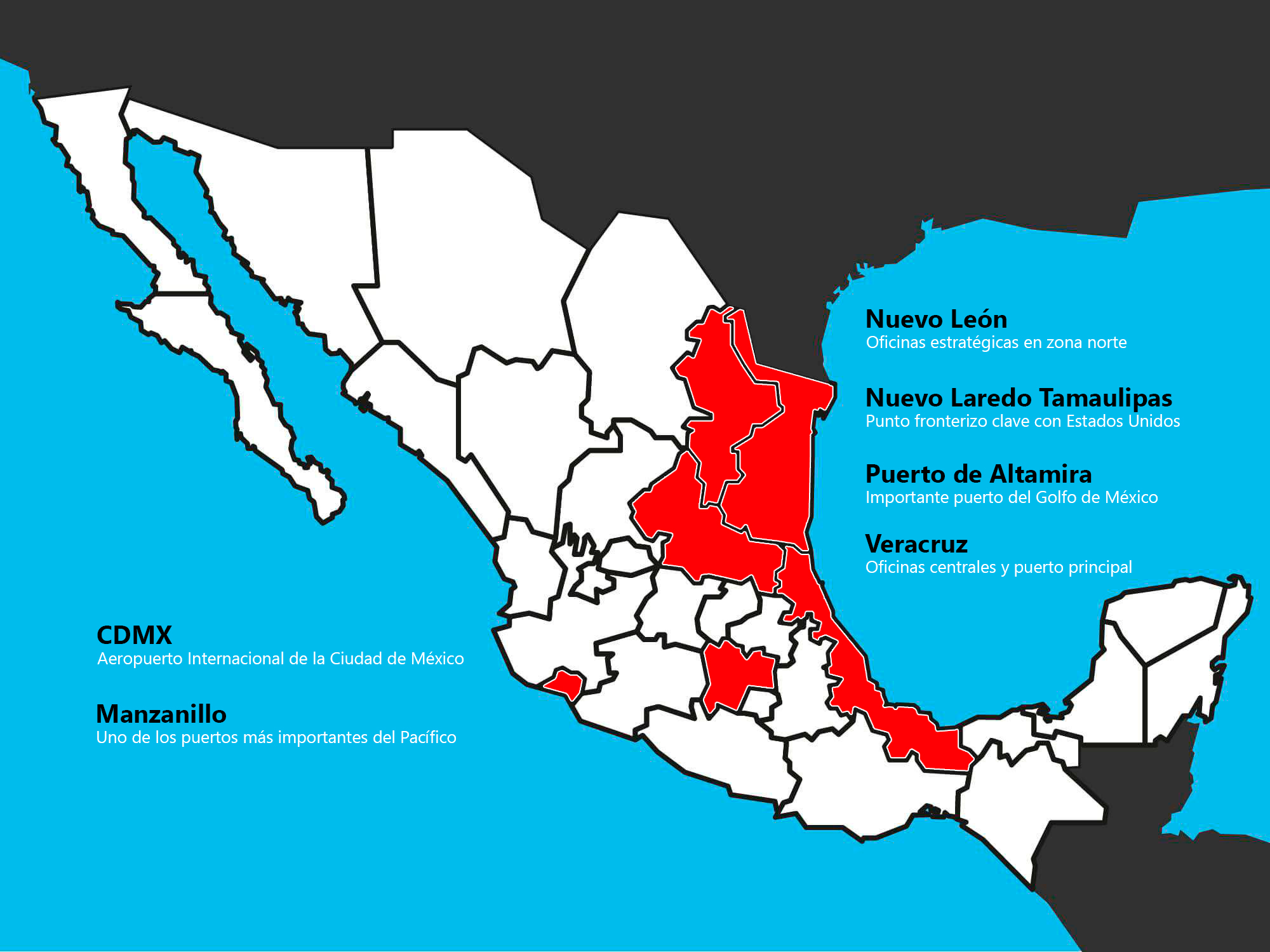 Mapa de cobertura nacional de Asesoría y Tramitación Aduanal